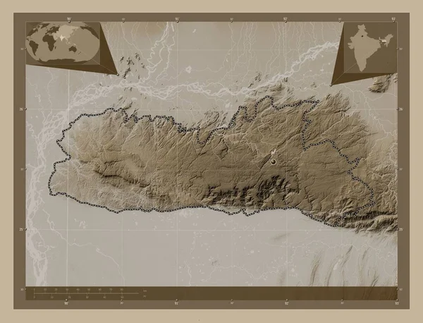 Meghalaya Stát Indie Zdvihová Mapa Zbarvená Sépiovými Tóny Jezery Řekami — Stock fotografie