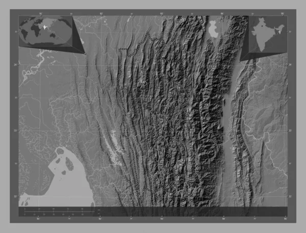 Mizoram Staat India Hoogteplattegrond Met Meren Rivieren Hulplocatiekaarten Hoek — Stockfoto