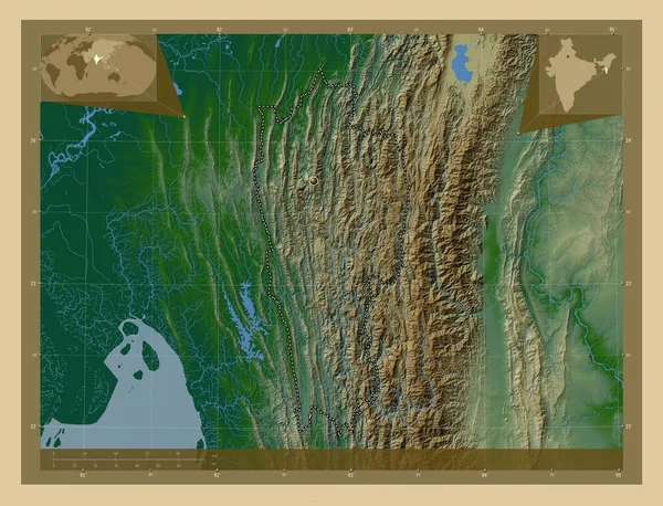 Mizoram Stát Indie Barevná Mapa Jezery Řekami Pomocné Mapy Polohy — Stock fotografie