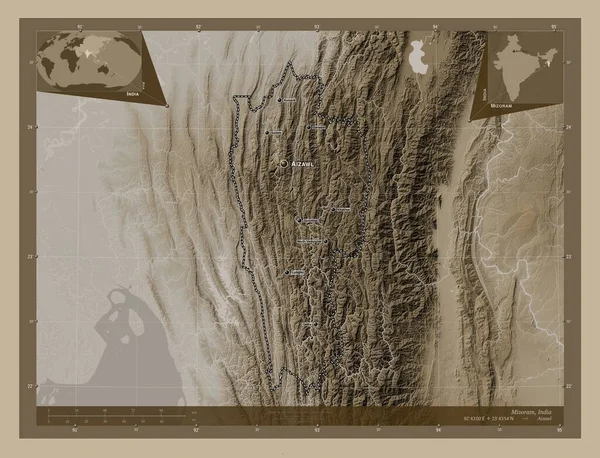 Мизорам Штат Индия Карта Высоты Окрашенная Сепиевые Тона Озерами Реками — стоковое фото