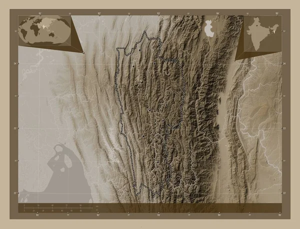 Мізорам Штат Індія Висота Карти Забарвлена Сепії Тонів Озерами Річками — стокове фото