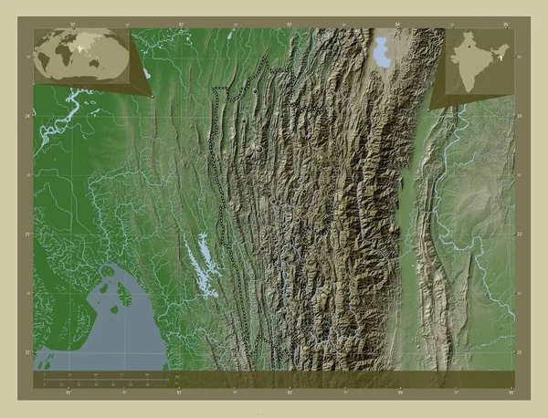 Mizoram, state of India. Elevation map colored in wiki style with lakes and rivers. Locations of major cities of the region. Corner auxiliary location maps