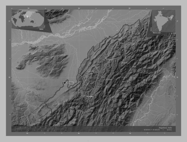 Nagaland Estado Índia Mapa Elevação Escala Cinza Com Lagos Rios — Fotografia de Stock