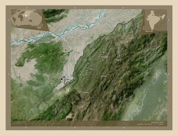 Nagaland 印度邦 高分辨率卫星地图 该区域主要城市的地点和名称 角辅助位置图 — 图库照片
