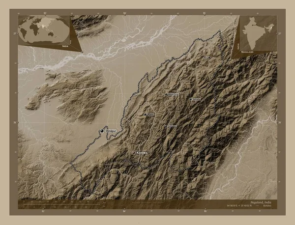 Nagaland Stato Dell India Mappa Elevazione Colorata Toni Seppia Con — Foto Stock