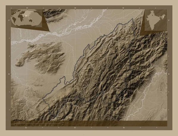 Нагаленд Штат Індія Висота Карти Забарвлена Сепії Тонів Озерами Річками — стокове фото
