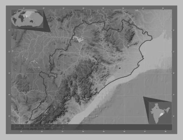 Odisha Estado India Mapa Elevación Escala Grises Con Lagos Ríos —  Fotos de Stock