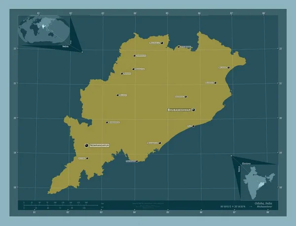 Odisha 印度邦 固体的颜色形状 该区域主要城市的地点和名称 角辅助位置图 — 图库照片