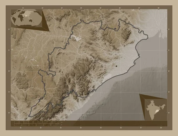 Орисса Штат Индия Карта Высоты Окрашенная Сепиевые Тона Озерами Реками — стоковое фото