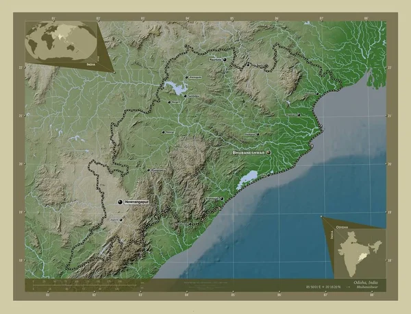 オディシャ インドの州 湖や川とWikiスタイルで着色された標高マップ 地域の主要都市の位置と名前 コーナー補助位置図 — ストック写真