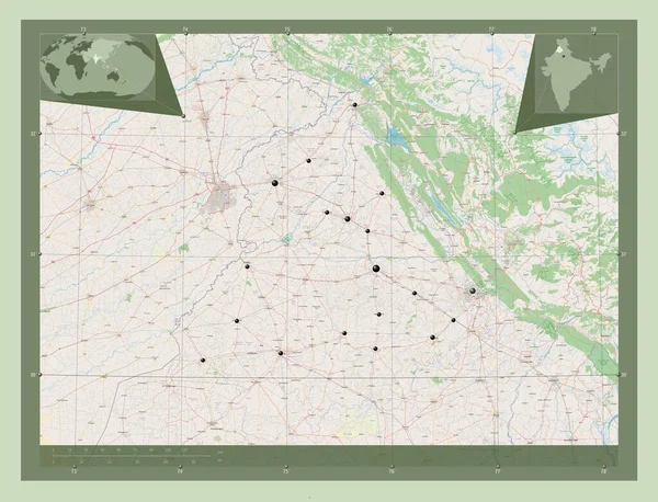 Punjab, state of India. Open Street Map. Locations of major cities of the region. Corner auxiliary location maps