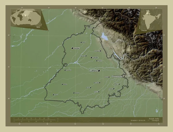 旁遮普邦 印度邦 用Wiki风格绘制的带有湖泊和河流的高程地图 该区域主要城市的地点和名称 角辅助位置图 — 图库照片
