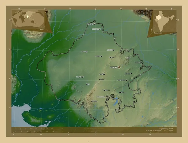 インドのラジャスタン州 湖や川と色の標高マップ 地域の主要都市の位置と名前 コーナー補助位置図 — ストック写真