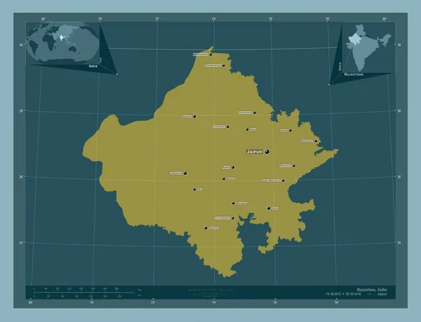 インドのラジャスタン州 しっかりした色の形 地域の主要都市の位置と名前 コーナー補助位置図 — ストック写真