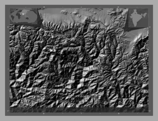 Sikkim, state of India. Bilevel elevation map with lakes and rivers. Locations of major cities of the region. Corner auxiliary location maps