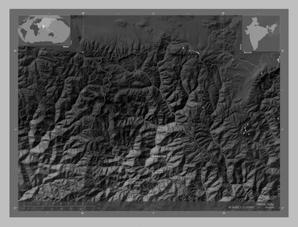 Sikkim State India Grayscale Elevation Map Lakes Rivers Locations Names — Stock Photo, Image