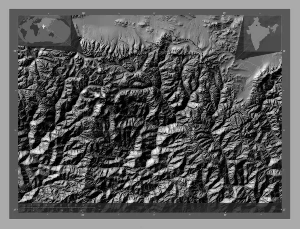 Sikkim India Állam Kétszintes Domborzati Térkép Tavakkal Folyókkal Saroktérképek Kiegészítő — Stock Fotó