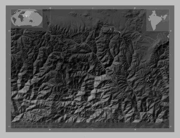 Sikkim State India Grayscale Elevation Map Lakes Rivers Locations Major — Stock Photo, Image