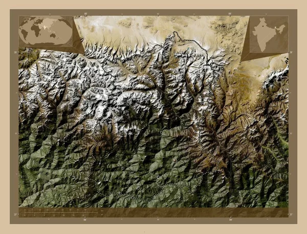 Sikkim, state of India. Low resolution satellite map. Locations of major cities of the region. Corner auxiliary location maps