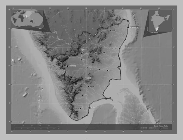 Тамілнаду Штат Індія Граймасштабна Мапа Висот Озерами Річками Місця Розташування — стокове фото