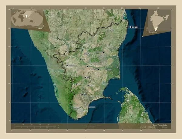 Tamil Nadu Stan Indie Mapa Satelity Wysokiej Rozdzielczości Lokalizacje Nazwy — Zdjęcie stockowe