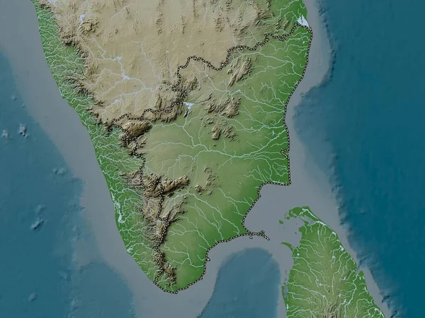 Tamil Nadu Stát Indie Výškové Mapy Barevné Stylu Wiki Jezery — Stock fotografie