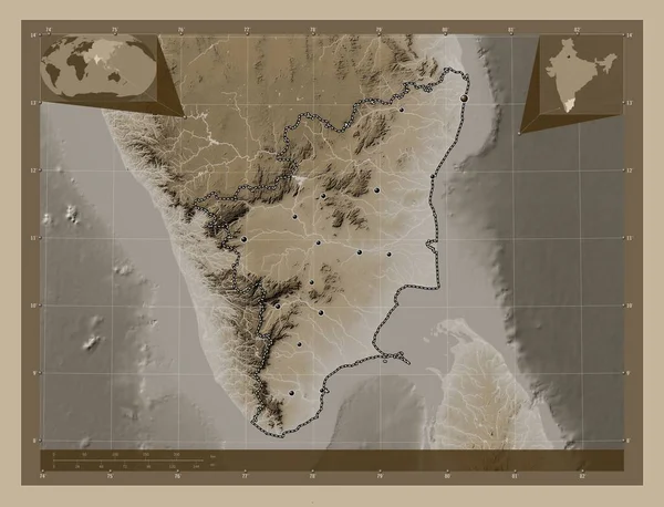 Тамілнаду Штат Індія Висота Карти Забарвлена Сепії Тонів Озерами Річками — стокове фото