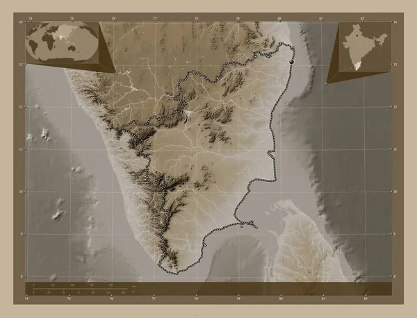 Tamil Nadu Estado India Mapa Elevación Coloreado Tonos Sepia Con — Foto de Stock