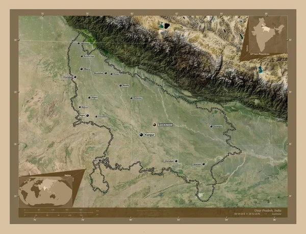 インドのウッタル プラデーシュ州 低解像度衛星地図 地域の主要都市の位置と名前 コーナー補助位置図 — ストック写真