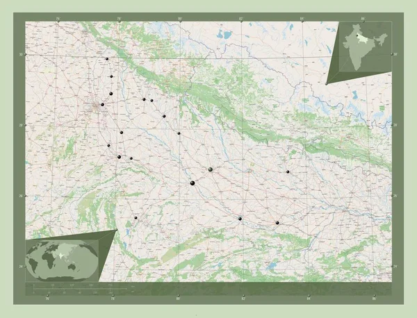 Uttar Pradesh, state of India. Open Street Map. Locations of major cities of the region. Corner auxiliary location maps