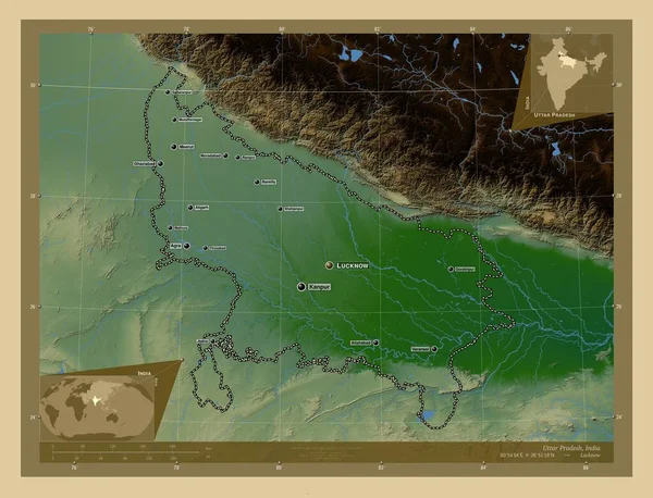 Uttar Pradesh Estado India Mapa Elevación Colores Con Lagos Ríos —  Fotos de Stock