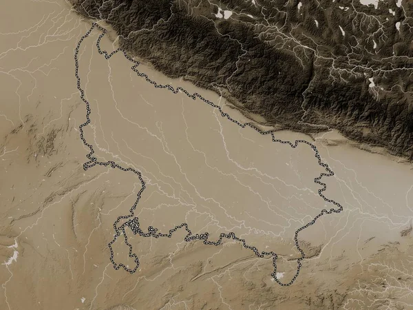 Ουτάρ Πραντές Πολιτεία Της Ινδίας Υψόμετρο Χάρτη Χρωματισμένο Τόνους Σέπια — Φωτογραφία Αρχείου