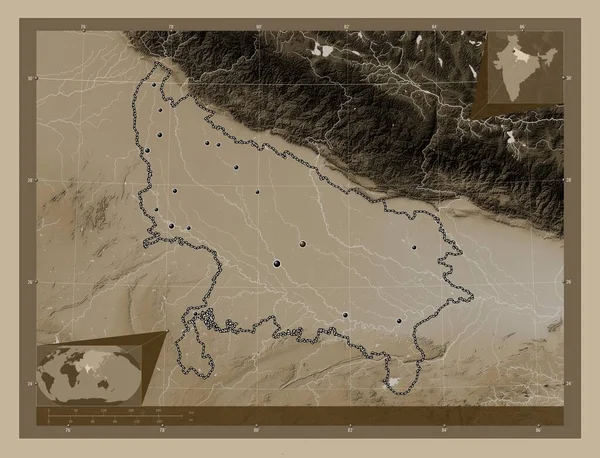 Uttar Pradesh Stato Dell India Mappa Elevazione Colorata Toni Seppia — Foto Stock