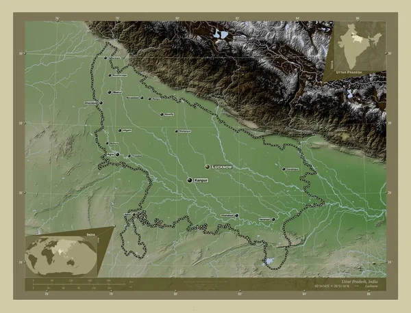 北方邦 印度邦 用Wiki风格绘制的带有湖泊和河流的高程地图 该区域主要城市的地点和名称 角辅助位置图 — 图库照片