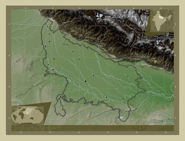 Uttar Pradesh, state of India. Elevation map colored in wiki style with lakes and rivers. Locations of major cities of the region. Corner auxiliary location maps