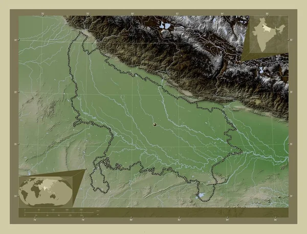 北方邦 印度邦 用Wiki风格绘制的带有湖泊和河流的高程地图 角辅助位置图 — 图库照片