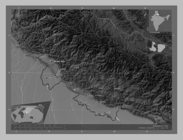 Уттаракханд Штат Індія Граймасштабна Мапа Висот Озерами Річками Місця Розташування — стокове фото