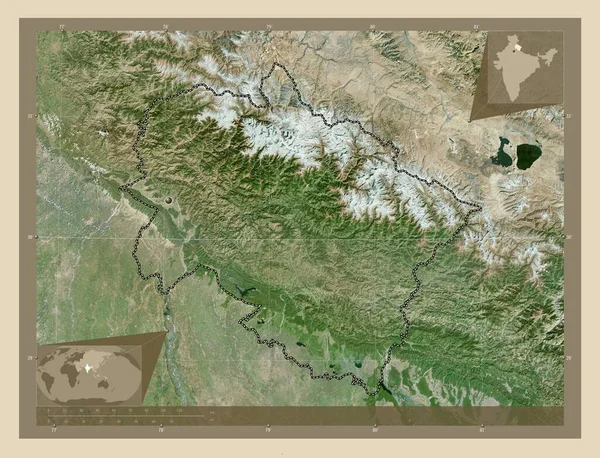 Uttarakhand 印度邦 高分辨率卫星地图 角辅助位置图 — 图库照片