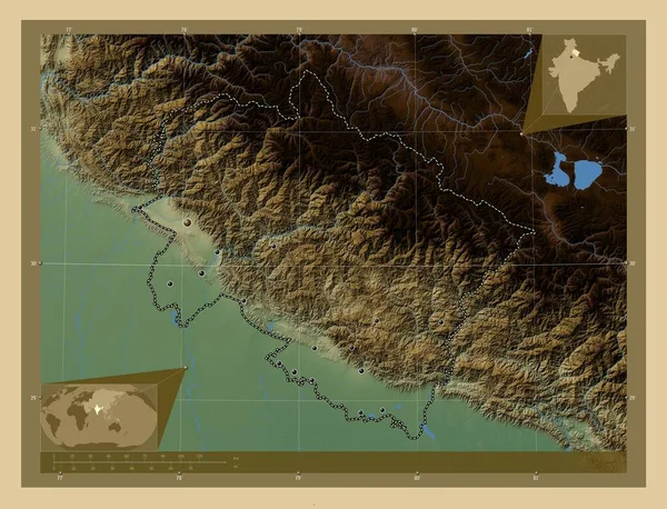 インドのウッタラーカンド州 湖や川と色の標高マップ 地域の主要都市の場所 コーナー補助位置図 — ストック写真