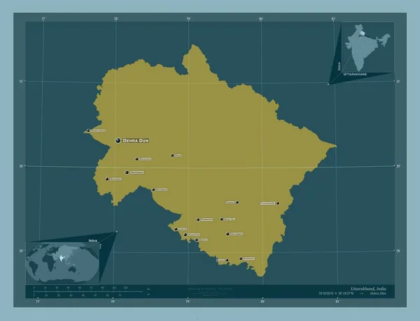 インドのウッタラーカンド州 しっかりした色の形 地域の主要都市の位置と名前 コーナー補助位置図 — ストック写真