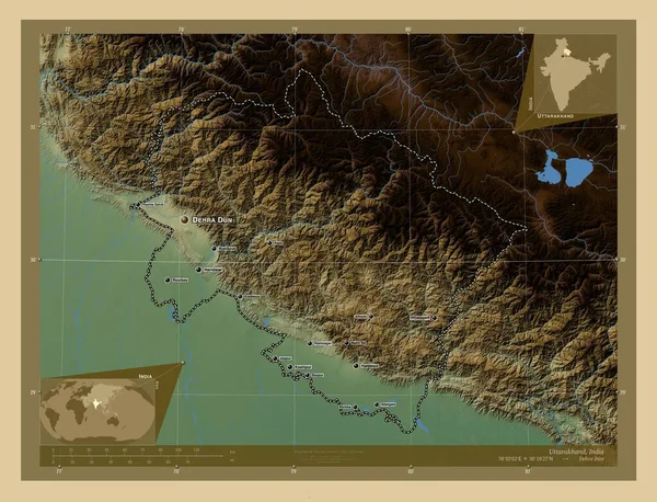 Uttarakhand Stato Dell India Mappa Elevazione Colorata Con Laghi Fiumi — Foto Stock