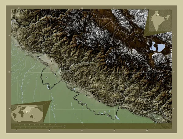 Uttarakhand Estado Índia Mapa Elevação Colorido Estilo Wiki Com Lagos — Fotografia de Stock