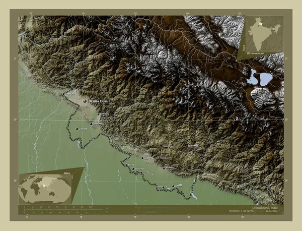 Uttarakhand, state of India. Elevation map colored in wiki style with lakes and rivers. Locations and names of major cities of the region. Corner auxiliary location maps