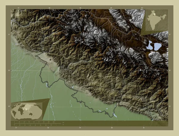Uttarakhand Estado India Mapa Elevación Coloreado Estilo Wiki Con Lagos —  Fotos de Stock