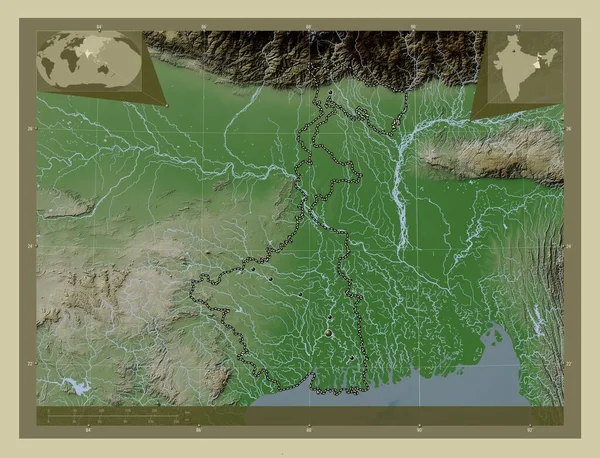 西孟加拉邦 印度邦 用Wiki风格绘制的带有湖泊和河流的高程地图 该区域主要城市的所在地点 角辅助位置图 — 图库照片