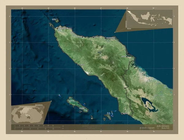 Aceh Provincia Autónoma Indonesia Mapa Satelital Alta Resolución Ubicaciones Nombres — Foto de Stock