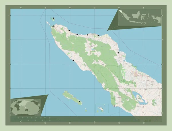 印度尼西亚亚齐自治省 开放街道地图 该区域主要城市的所在地点 角辅助位置图 — 图库照片