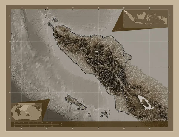 Ачех Автономная Провинция Индонезия Карта Высоты Окрашенная Сепиевые Тона Озерами — стоковое фото