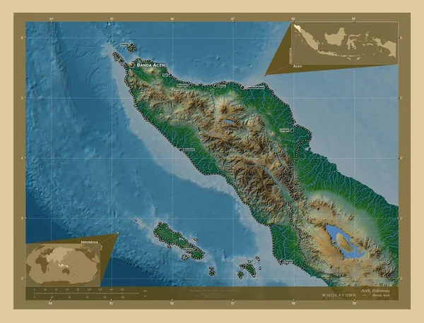 Aceh Provincia Autonoma Dell Indonesia Mappa Elevazione Colorata Con Laghi — Foto Stock