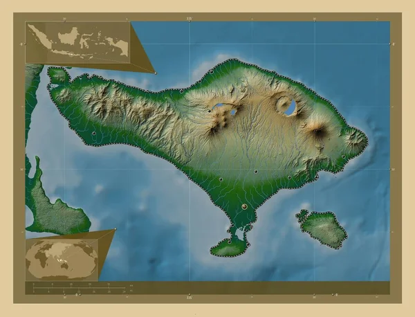 Бали Провинция Индонезия Цветная Карта Высоты Озерами Реками Места Расположения — стоковое фото